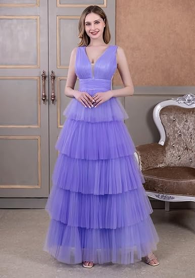 🔥 Hot Sale! 47% OFF 🔥 Women's Tiered Tulle V-Neck A-Line Backless Prom Dress🎉