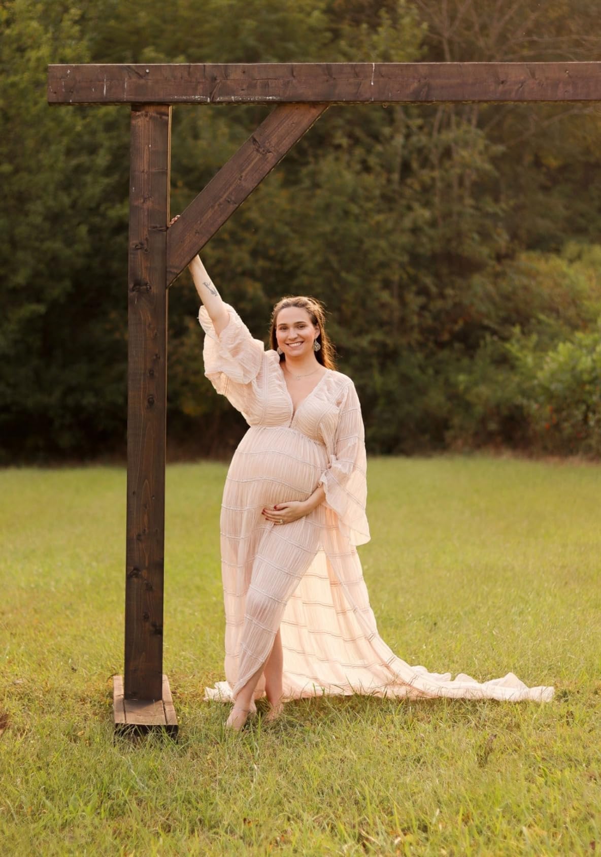 Tulle Maternity Robe for Photoshoot V Neck Long Sleeve Pregnancy Baby Shower Puffy Slit Ruffle Bridal Lingerie