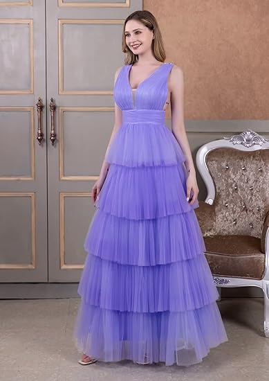 🔥 Hot Sale! 47% OFF 🔥 Women's Tiered Tulle V-Neck A-Line Backless Prom Dress🎉