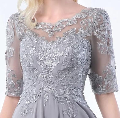 Lace Applique A-Line Mother of the Bride Dress with Short Sleeves