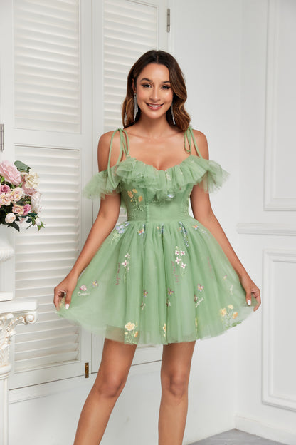 🔥 Hot Sale! 47% OFF 🔥-Fairy Tulle Cold Shoulder Homecoming Dress with Flower Embroidery🎉