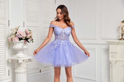 Off-Shoulder Tulle Homecoming Dress with Lace Applique for Teens