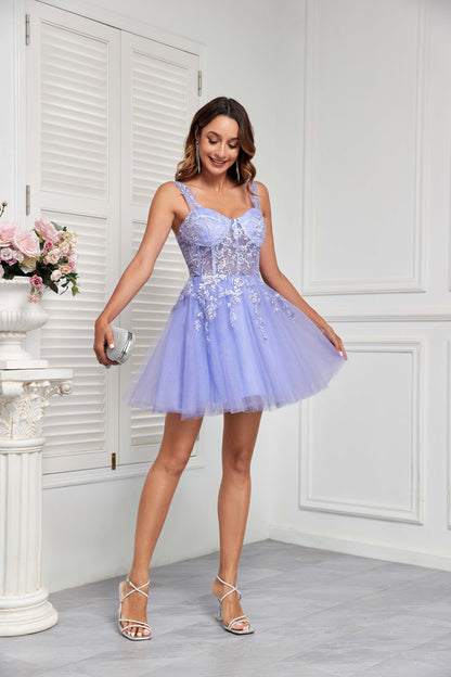 Off-Shoulder Tulle Homecoming Dress with Lace Applique for Teens