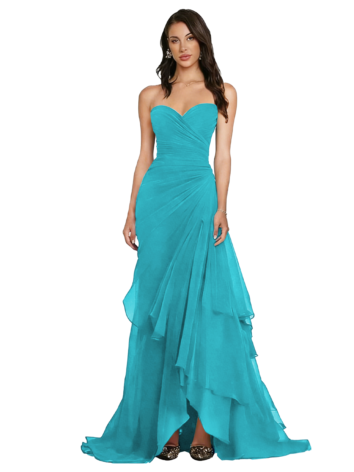 Strapless Ruched Chiffon Evening Gown Tiered Ruffle Maxi Dress
