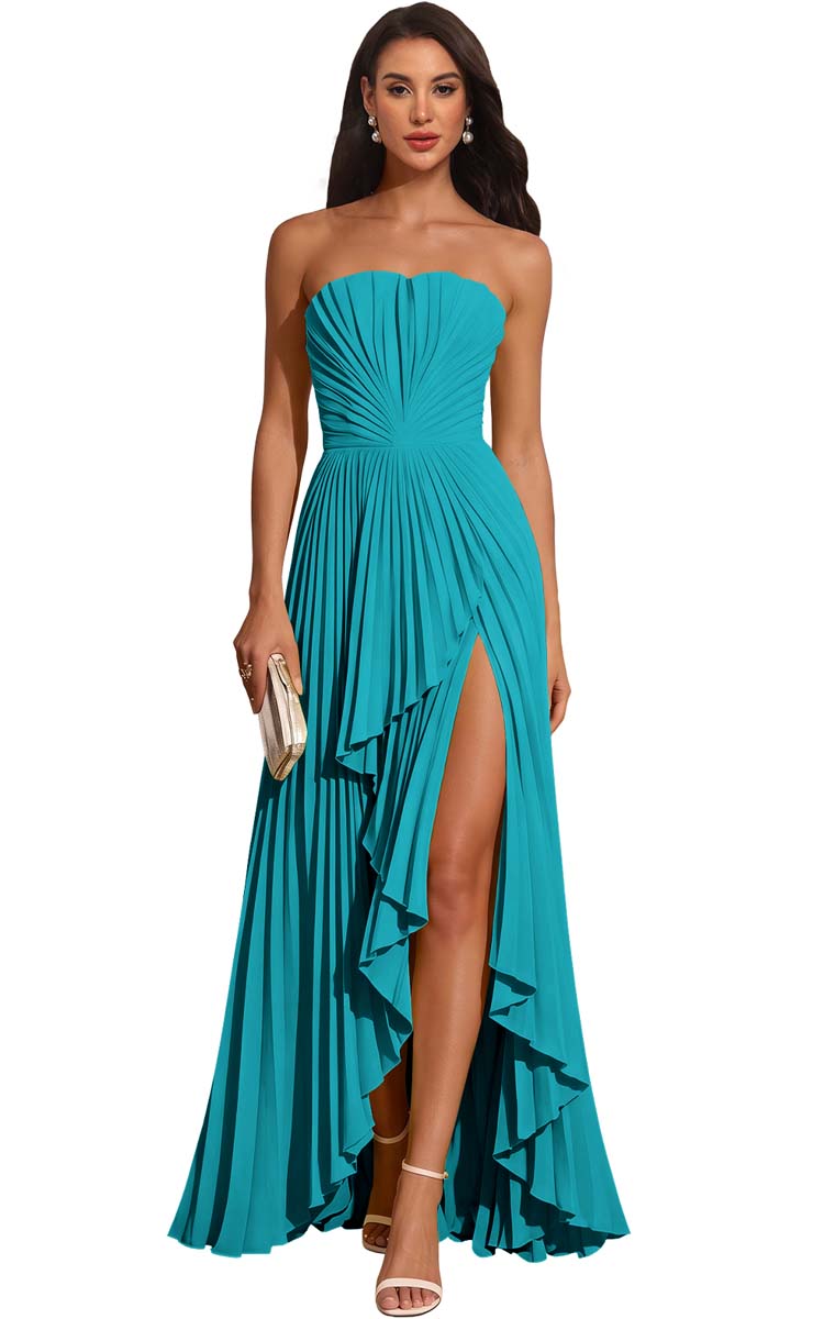 Strapless Pleated Lemon Yellow Chiffon Evening Gown High Slit Ruffle Maxi Dress