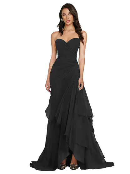 Strapless Ruched Chiffon Evening Gown Tiered Ruffle Maxi Dress