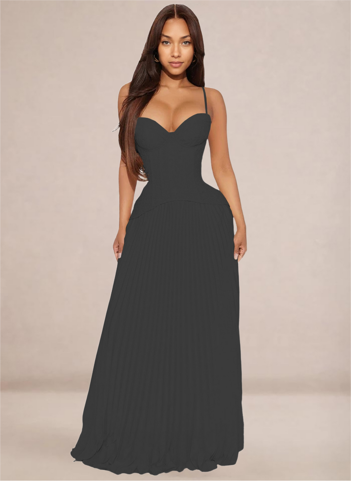 Ivory Sweetheart Neckline Corset-Style Pleated Maxi Dress