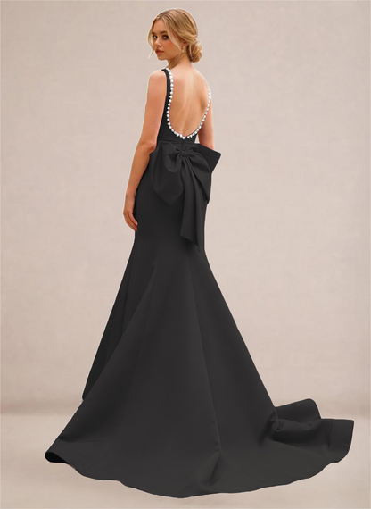 Black Pearl-Trim Open-Back Mermaid Gown with Statement Bow