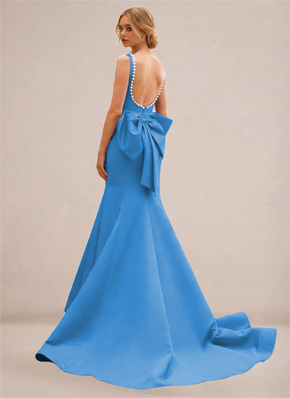 Black Pearl-Trim Open-Back Mermaid Gown with Statement Bow