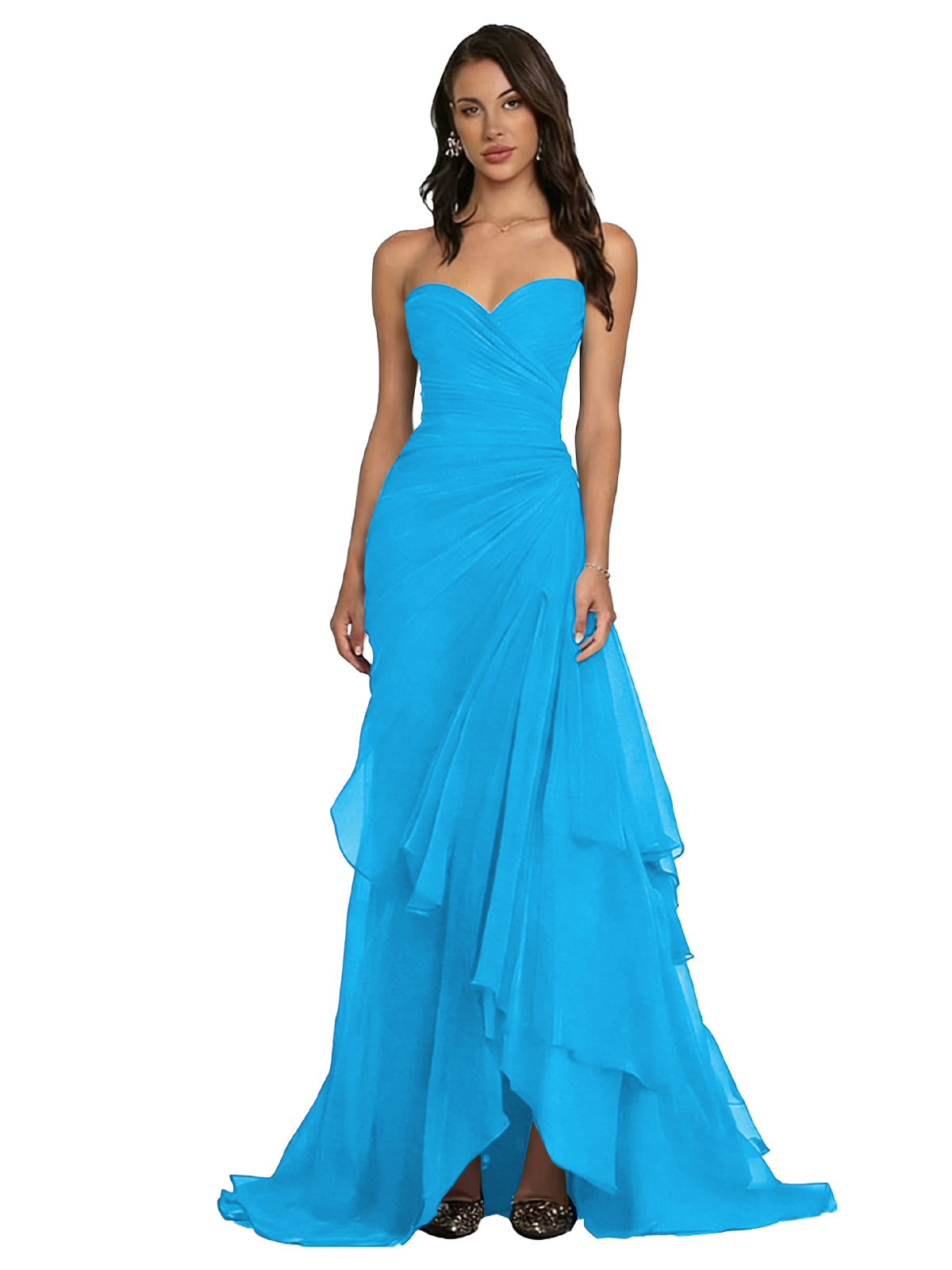Strapless Ruched Chiffon Evening Gown Tiered Ruffle Maxi Dress