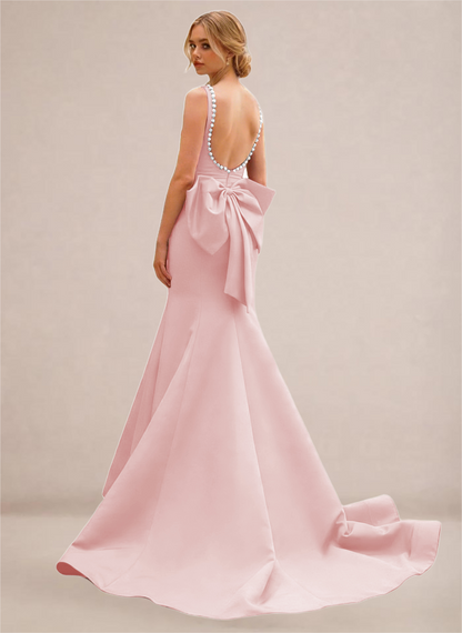 Black Pearl-Trim Open-Back Mermaid Gown with Statement Bow