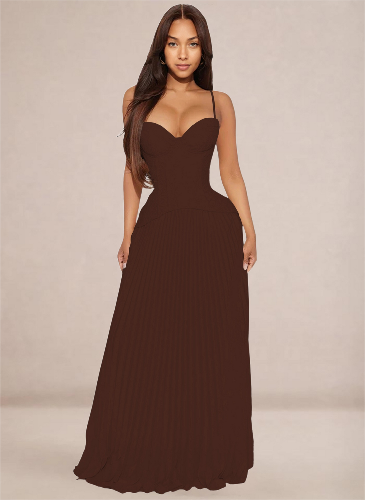 Ivory Sweetheart Neckline Corset-Style Pleated Maxi Dress