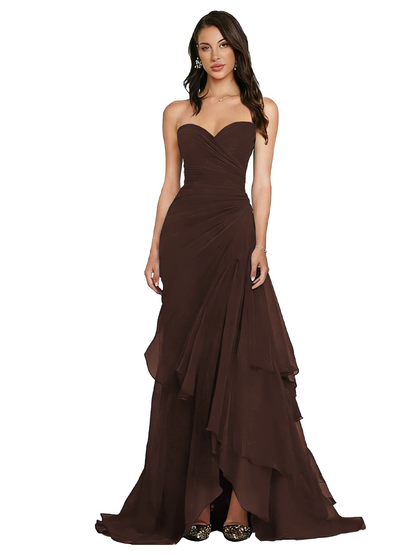 Strapless Ruched Chiffon Evening Gown Tiered Ruffle Maxi Dress