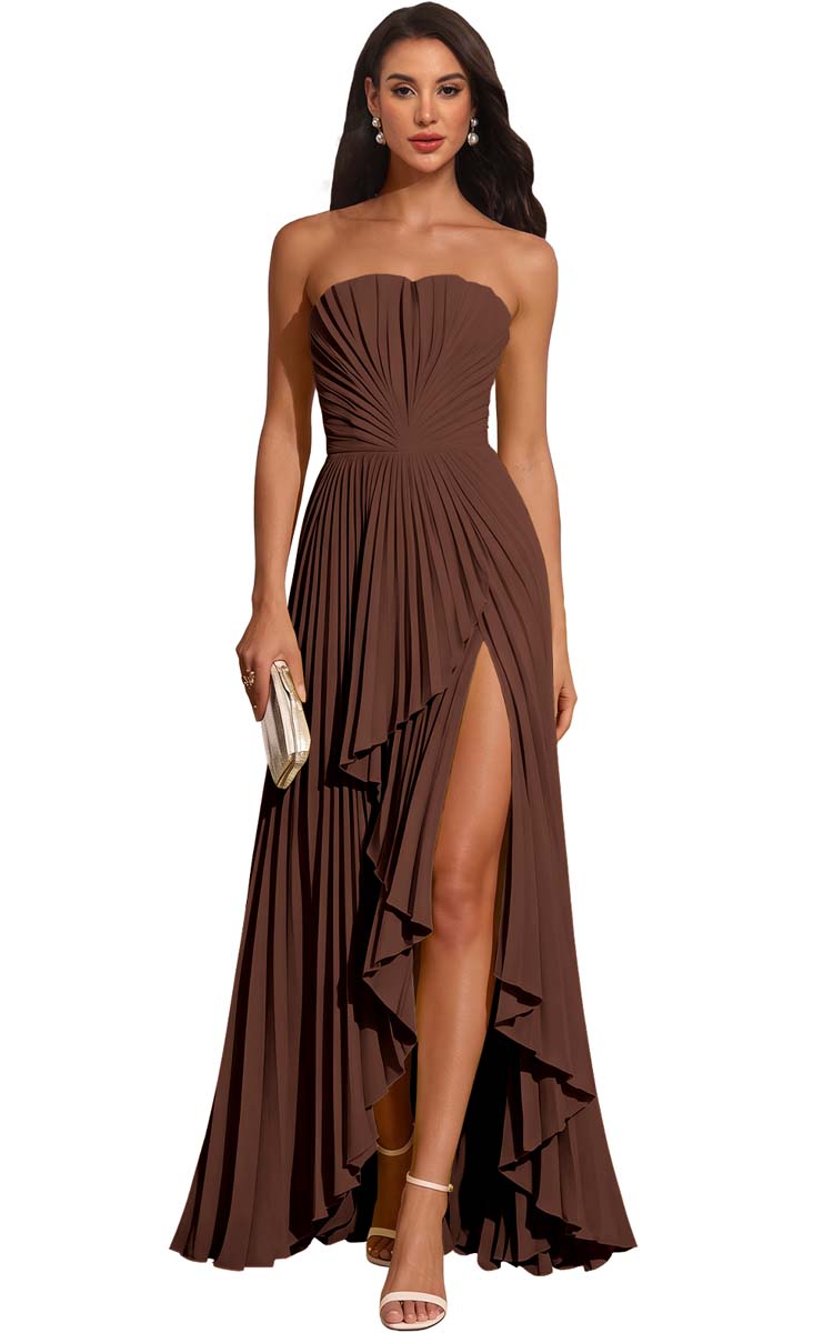 Strapless Pleated Lemon Yellow Chiffon Evening Gown High Slit Ruffle Maxi Dress