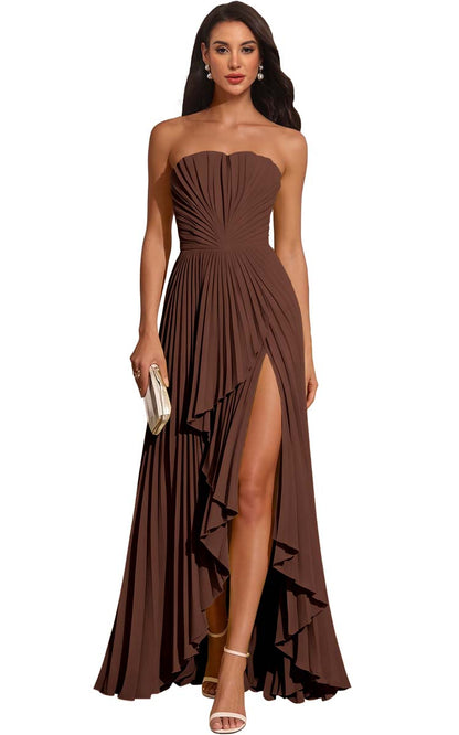 Strapless Pleated Lemon Yellow Chiffon Evening Gown High Slit Ruffle Maxi Dress