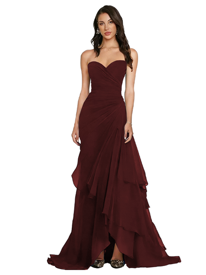Strapless Ruched Chiffon Evening Gown Tiered Ruffle Maxi Dress