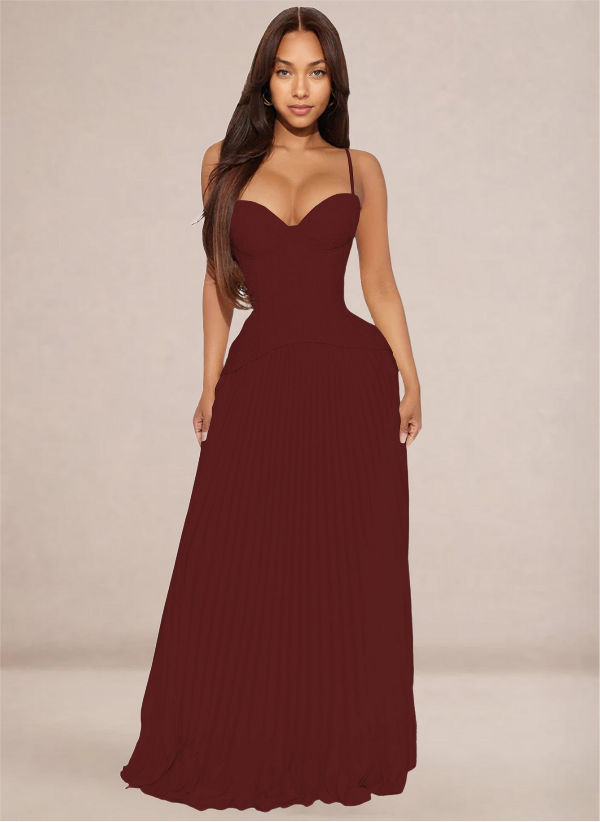 Ivory Sweetheart Neckline Corset-Style Pleated Maxi Dress