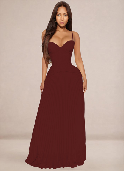 Ivory Sweetheart Neckline Corset-Style Pleated Maxi Dress