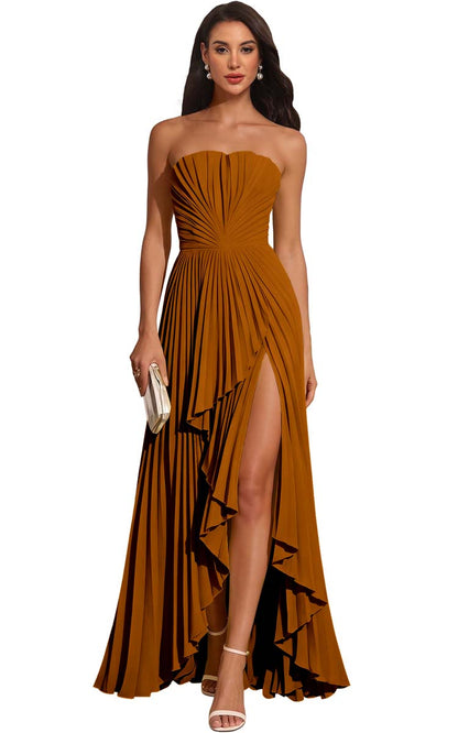 Strapless Pleated Lemon Yellow Chiffon Evening Gown High Slit Ruffle Maxi Dress