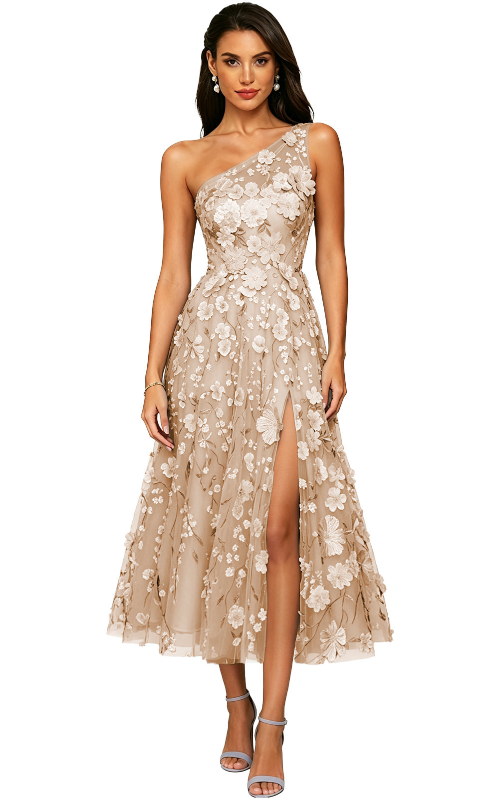 Floral Appliqued One Shoulder Long Formal Dress