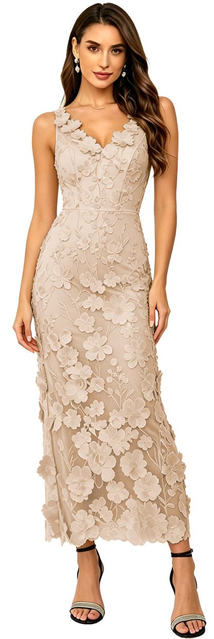 Floral Appliqued V Neck Long Formal Dress