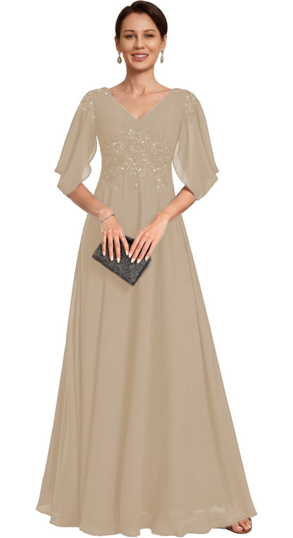 V Neck Chiffon A Line Sequin Lace Dress
