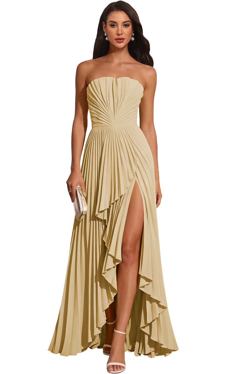 Strapless Pleated Lemon Yellow Chiffon Evening Gown High Slit Ruffle Maxi Dress