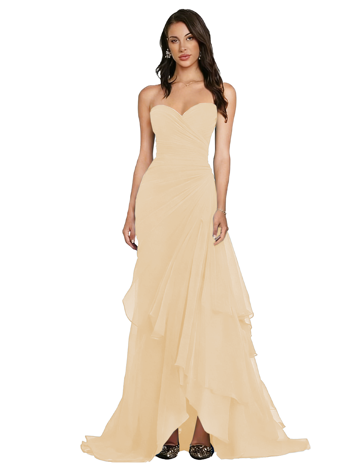 Strapless Ruched Chiffon Evening Gown Tiered Ruffle Maxi Dress