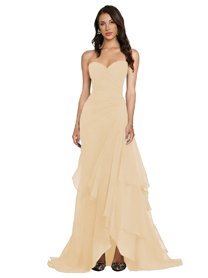 Strapless Ruched Chiffon Evening Gown Tiered Ruffle Maxi Dress