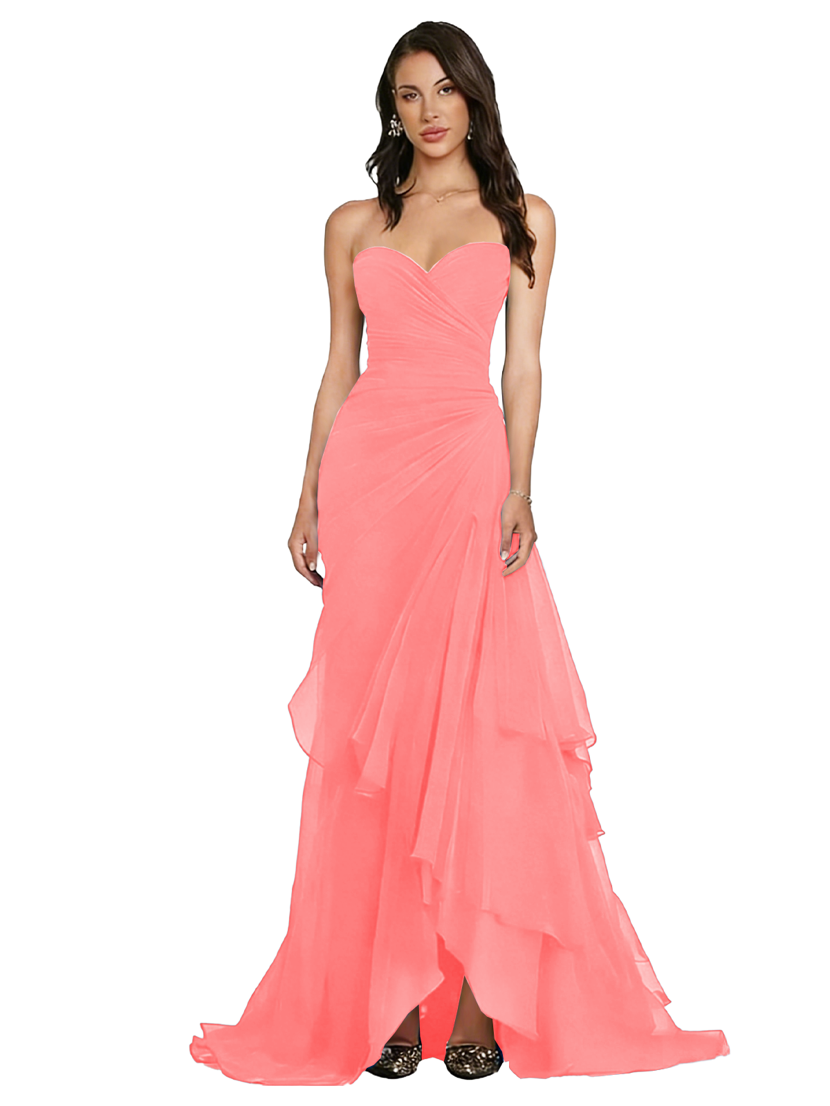 Strapless Ruched Chiffon Evening Gown Tiered Ruffle Maxi Dress