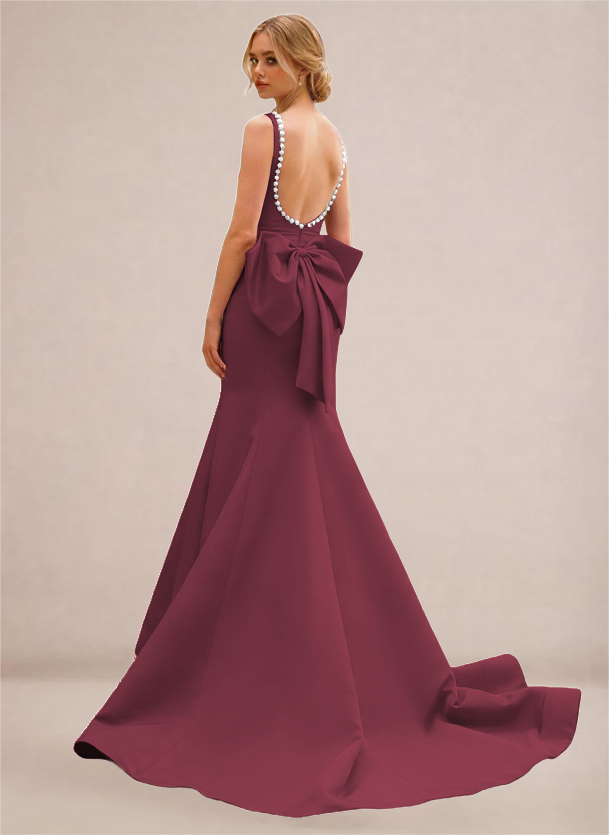 Black Pearl-Trim Open-Back Mermaid Gown with Statement Bow