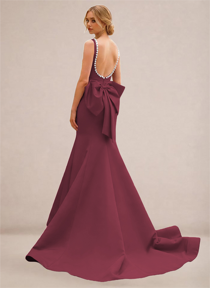 Black Pearl-Trim Open-Back Mermaid Gown with Statement Bow