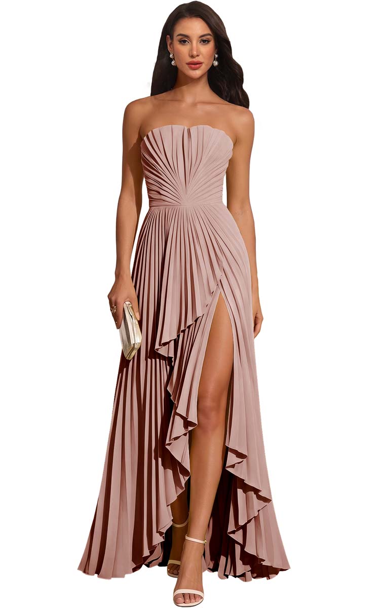 Strapless Pleated Lemon Yellow Chiffon Evening Gown High Slit Ruffle Maxi Dress