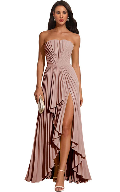 Strapless Pleated Lemon Yellow Chiffon Evening Gown High Slit Ruffle Maxi Dress
