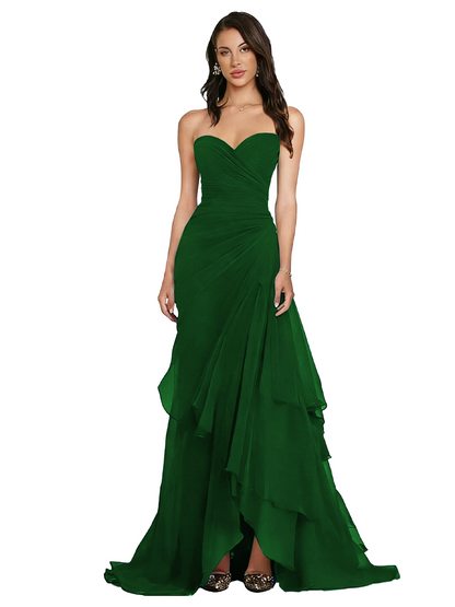 Strapless Ruched Chiffon Evening Gown Tiered Ruffle Maxi Dress