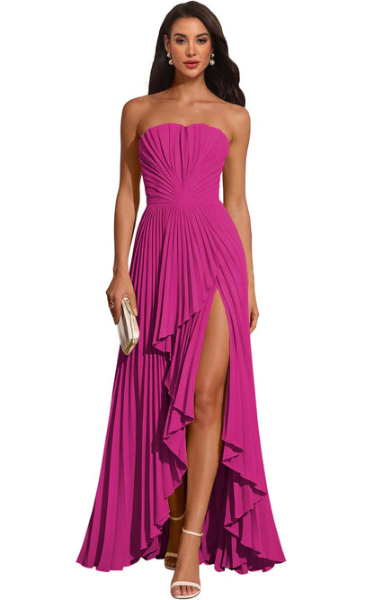 Strapless Pleated Lemon Yellow Chiffon Evening Gown High Slit Ruffle Maxi Dress