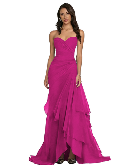 Strapless Ruched Chiffon Evening Gown Tiered Ruffle Maxi Dress
