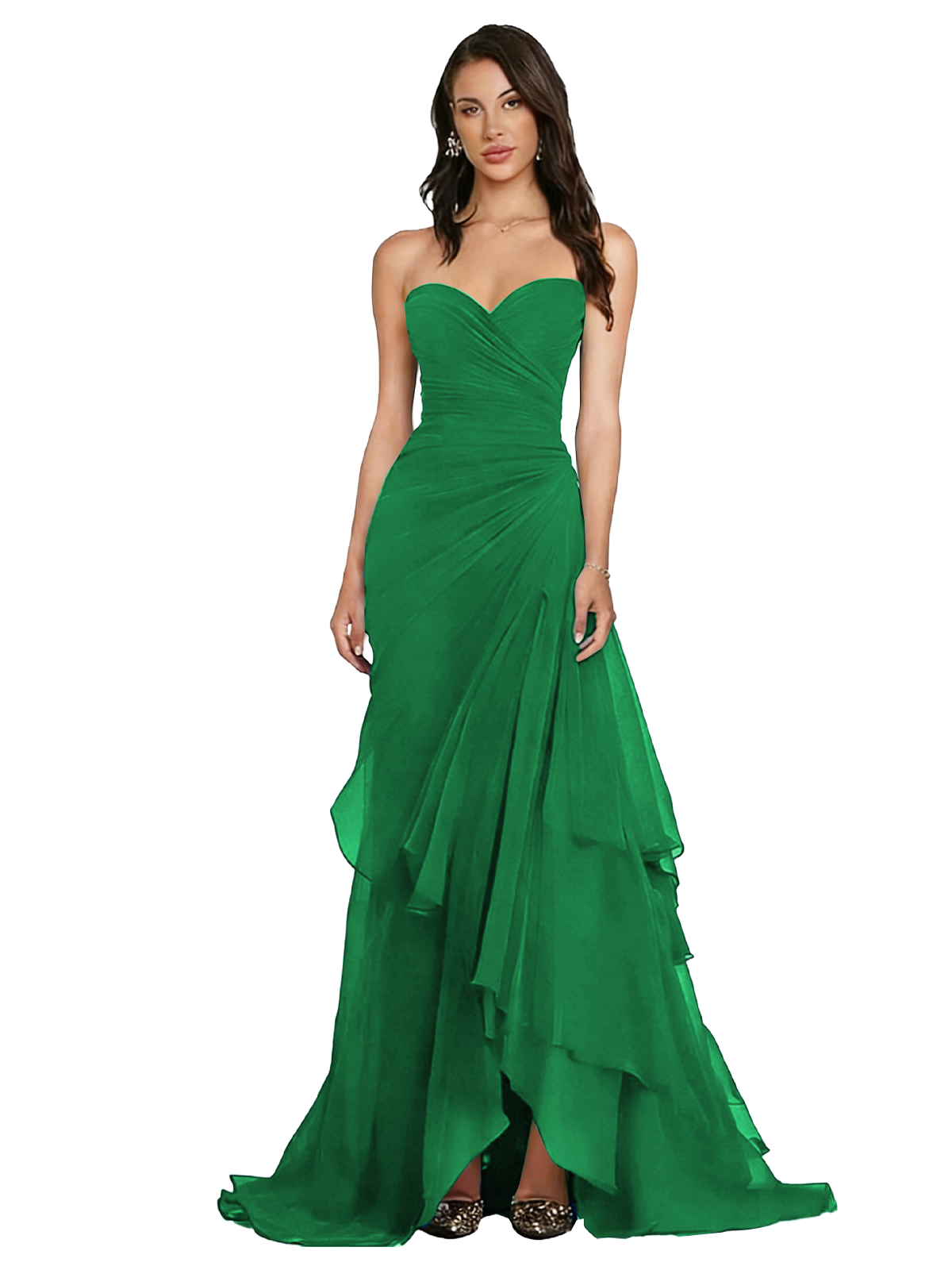 Strapless Ruched Chiffon Evening Gown Tiered Ruffle Maxi Dress
