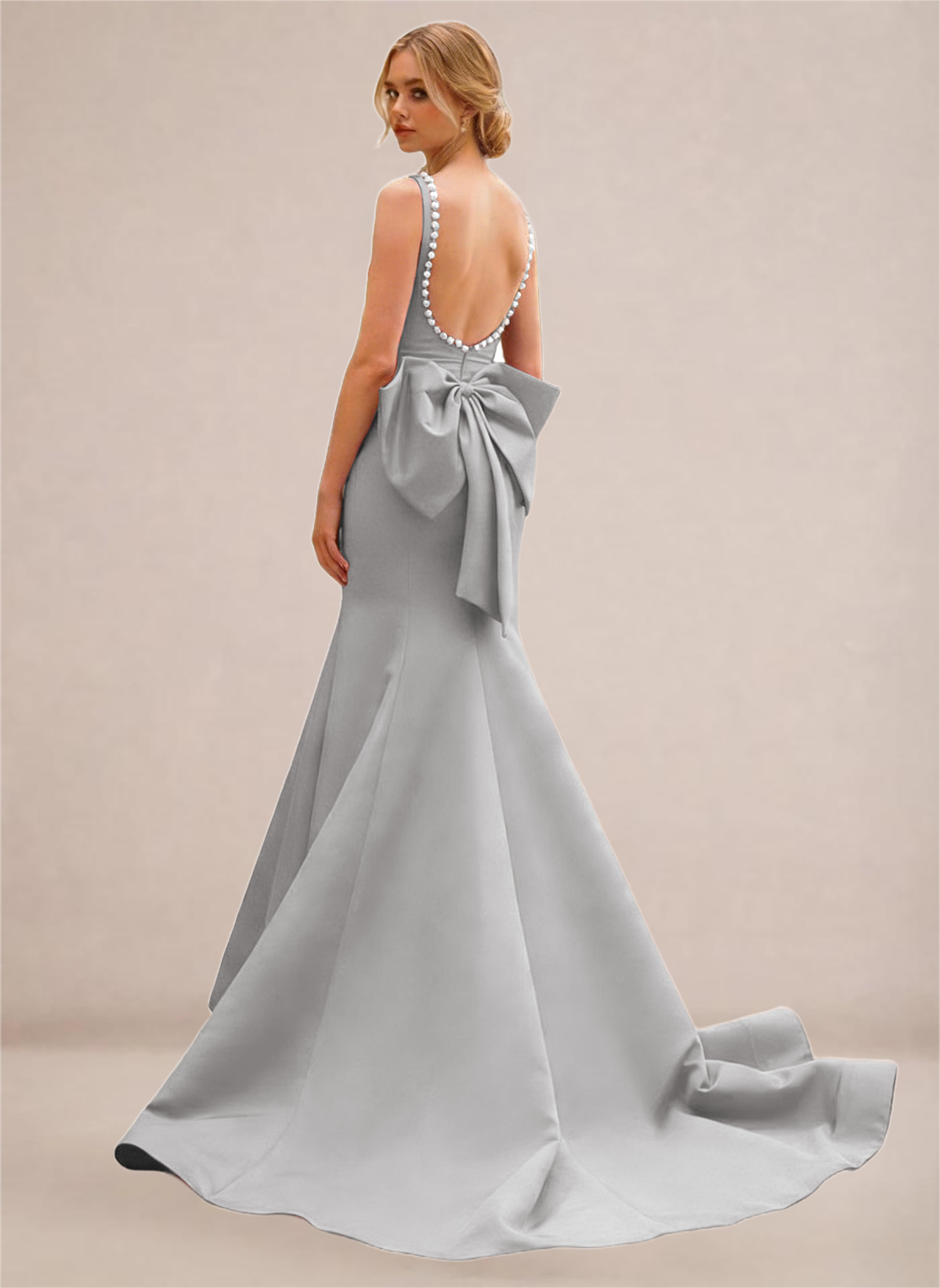 Black Pearl-Trim Open-Back Mermaid Gown with Statement Bow