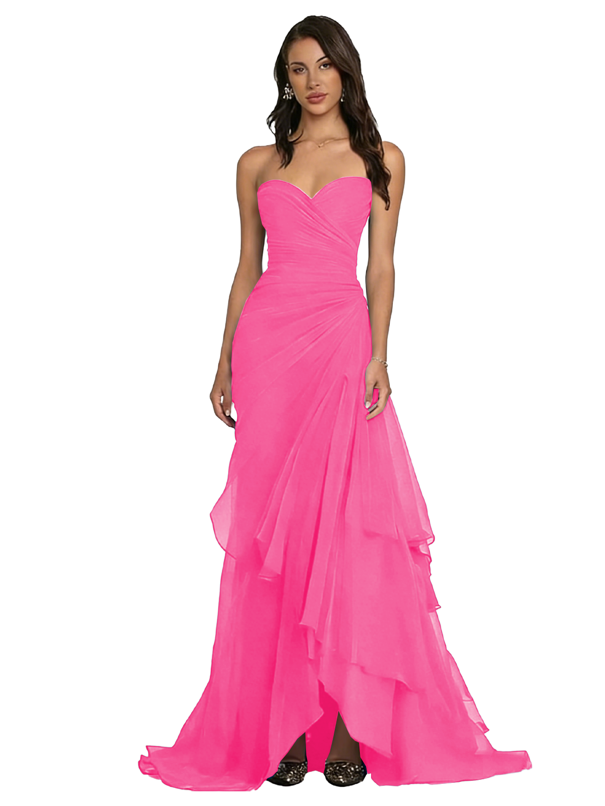 Strapless Ruched Chiffon Evening Gown Tiered Ruffle Maxi Dress