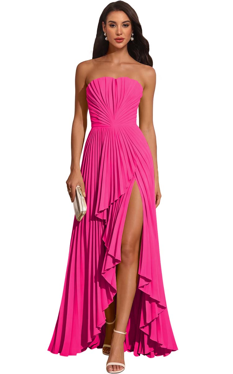 Strapless Pleated Lemon Yellow Chiffon Evening Gown High Slit Ruffle Maxi Dress