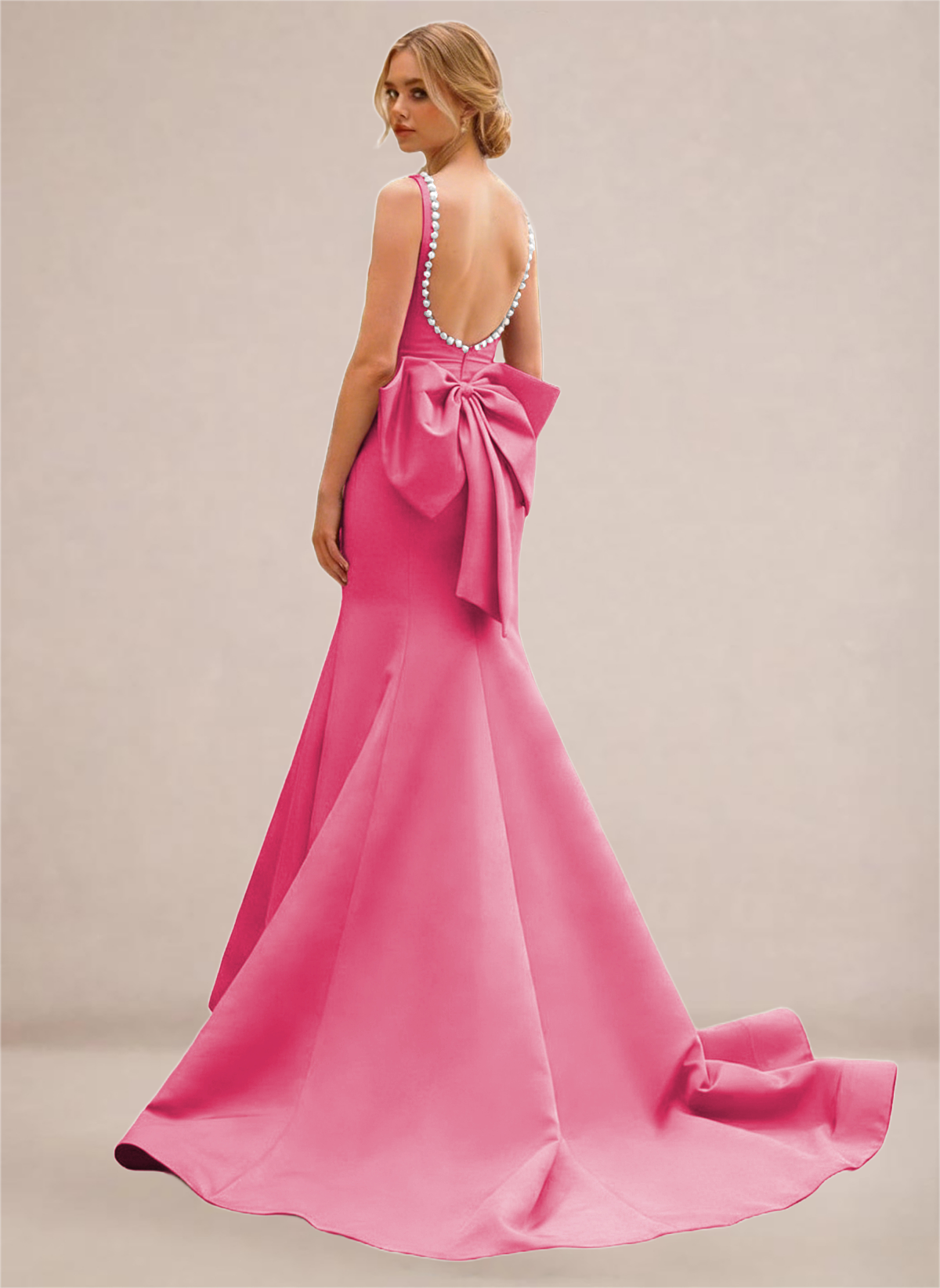 Black Pearl-Trim Open-Back Mermaid Gown with Statement Bow