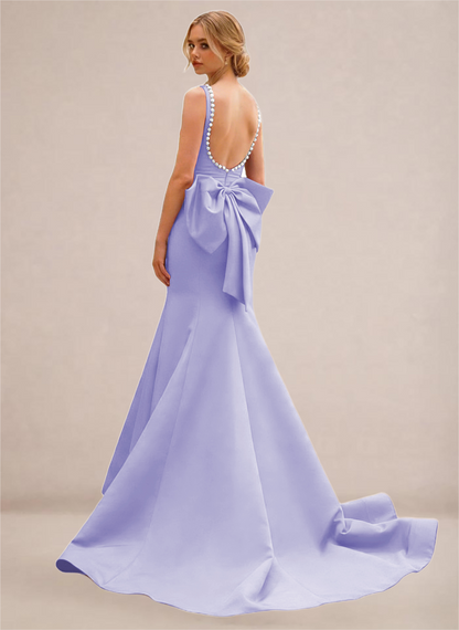 Black Pearl-Trim Open-Back Mermaid Gown with Statement Bow