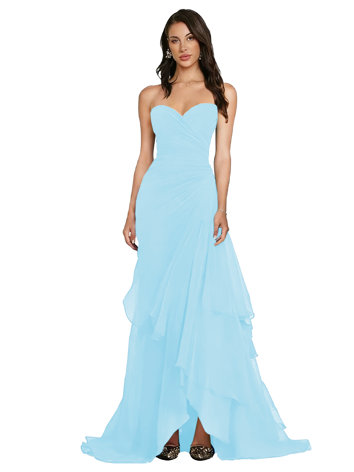 Strapless Ruched Chiffon Evening Gown Tiered Ruffle Maxi Dress