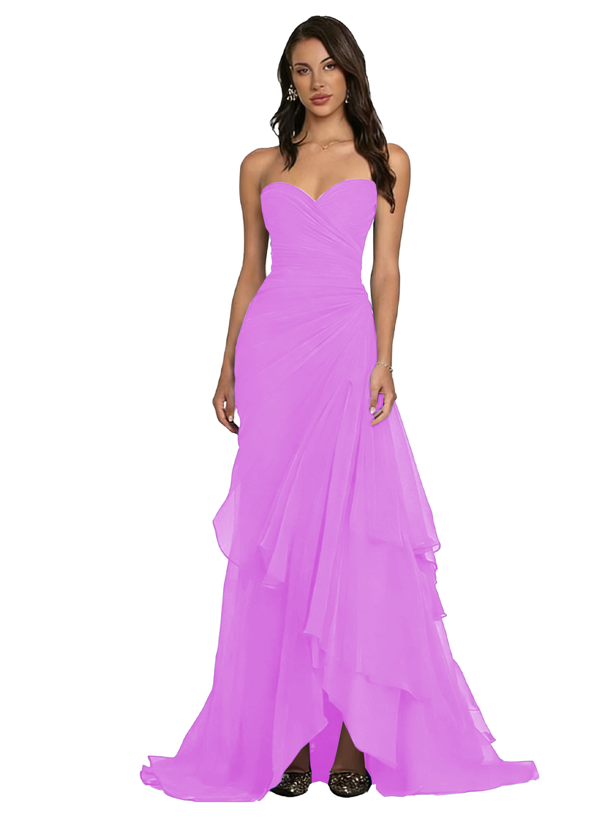 Strapless Ruched Chiffon Evening Gown Tiered Ruffle Maxi Dress