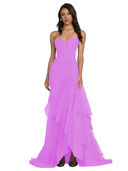 Strapless Ruched Chiffon Evening Gown Tiered Ruffle Maxi Dress