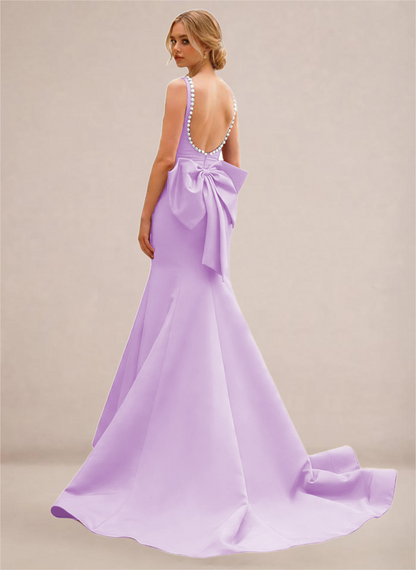Black Pearl-Trim Open-Back Mermaid Gown with Statement Bow