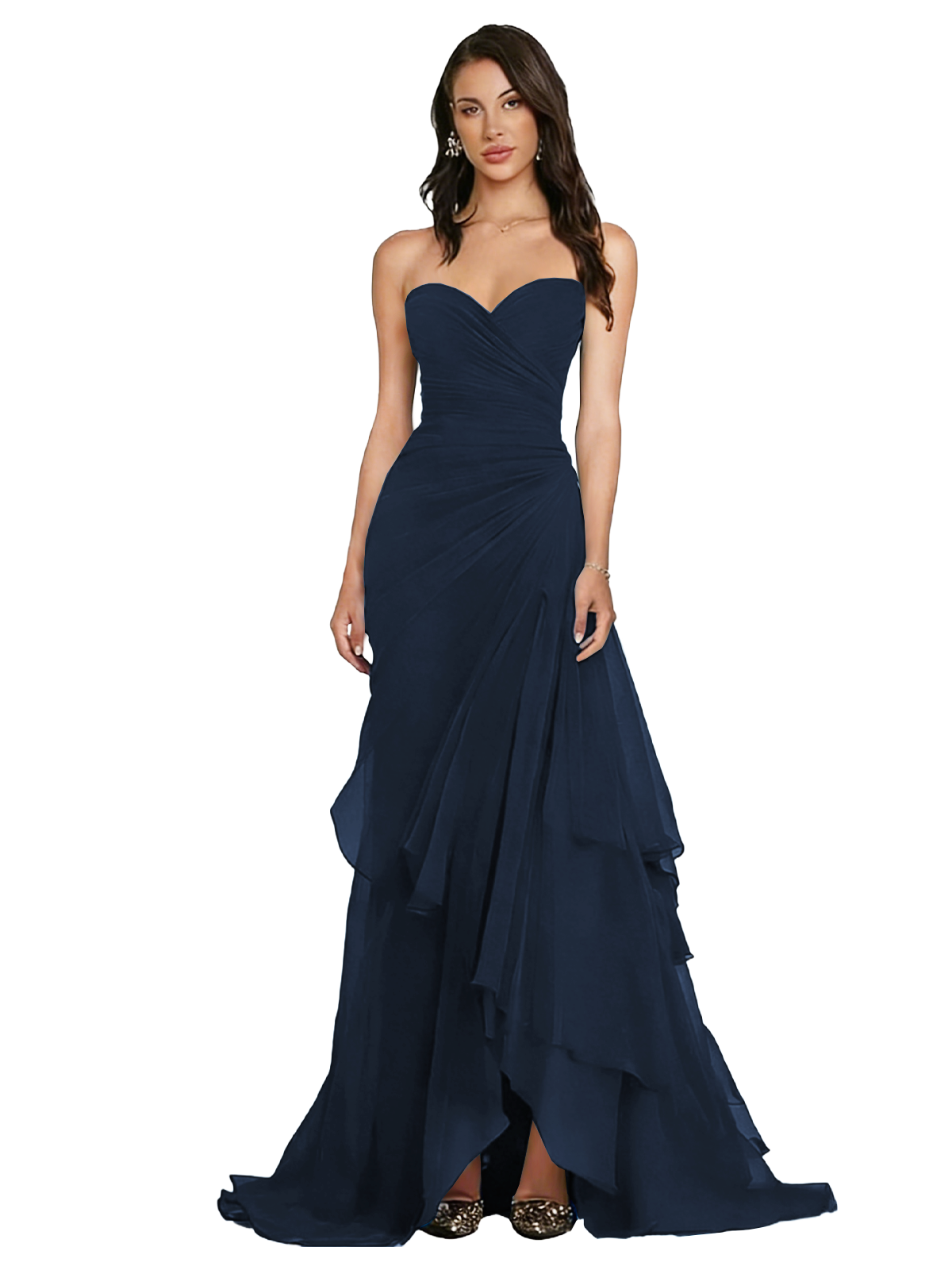 Strapless Ruched Chiffon Evening Gown Tiered Ruffle Maxi Dress