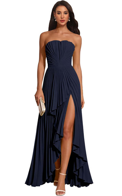 Strapless Pleated Lemon Yellow Chiffon Evening Gown High Slit Ruffle Maxi Dress