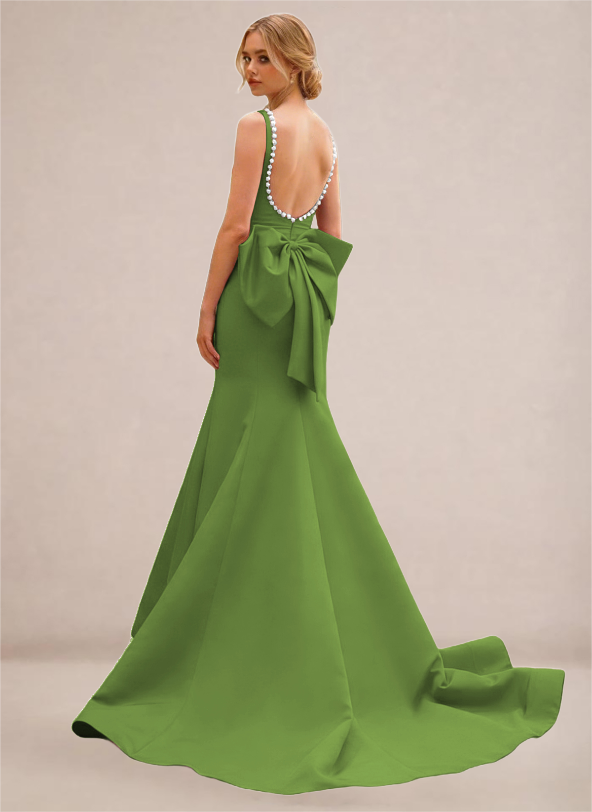 Black Pearl-Trim Open-Back Mermaid Gown with Statement Bow